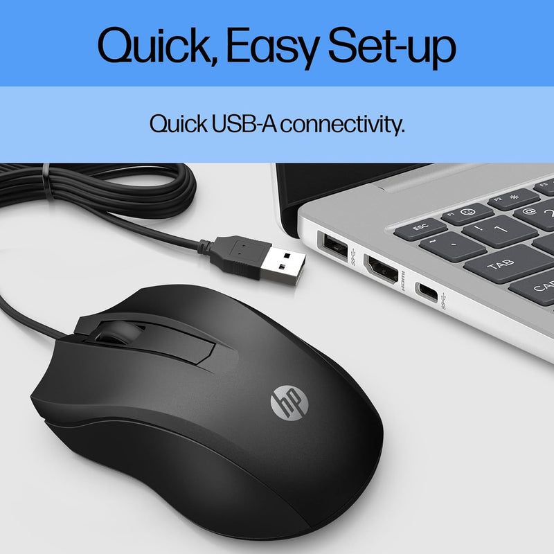 Wired Mouse 100 - Precise Optical Sensor with 1600 DPI - Easy USB Connection - Ambidextrous Design - 3 Button Control & Built-In Scrolling - Multi-Os Compatible (6VY96AA