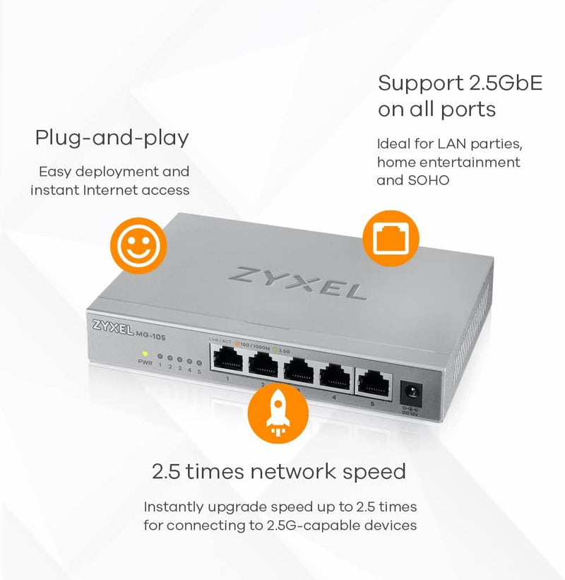 5-Port 2.5G Multi-Gigabit Unmanaged Switch for Home Entertainment or SOHO Network [MG-105] 5 Port | 2,5G RJ45 | Unmanaged