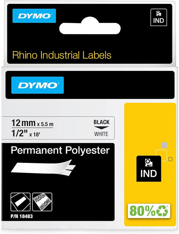 Rhino Industrial Permanent Polyester Labels, 1/2", Black Print on White Tape