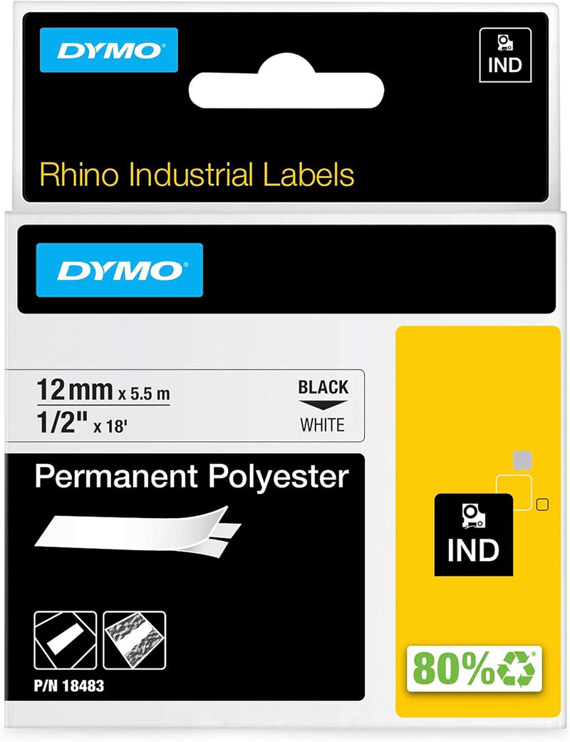 Rhino Industrial Permanent Polyester Labels, 1/2", Black Print on White Tape