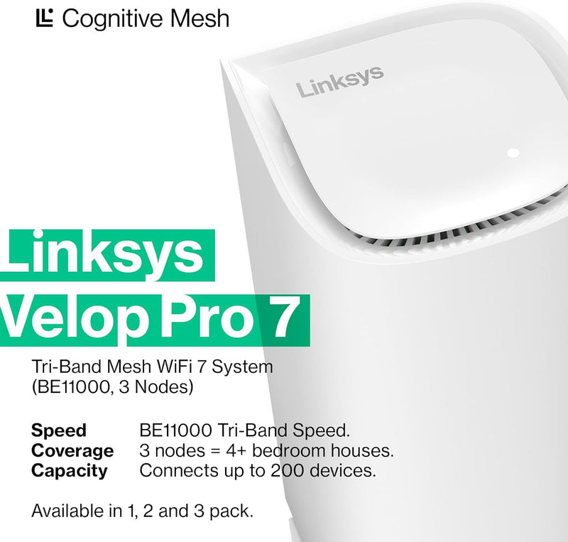 Velop Pro 7 Wifi Mesh System | Three Cognitive Tri-Band Routers | 10 Gbps Speeds | 9,000 Sq. Ft. Coverage| Connect 200+ Devices | 3 Pack MBE7003 | 2023 Release Wifi Mesh 3 Pack