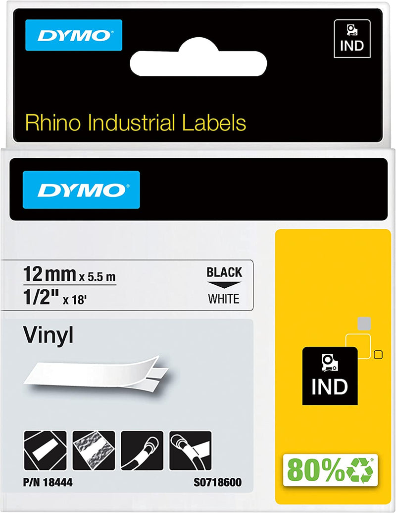 Rhino Industrial Vinyl Labels, 1/2", Black Print on White Tape