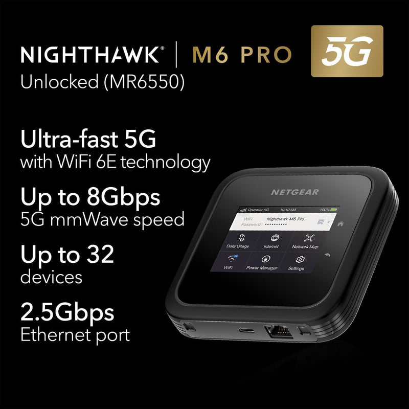 Nighthawk M6 Pro Mobile Hotspot 5G Mmwave, 8Gbps, Unlocked,At&T, T-Mobile,Verizon International Roaming 125 Countries,Wifi 6E,Portable Device with Touch Control, Modem Wireless Router(Mr6550) M6 Pro 5G Hotspot
