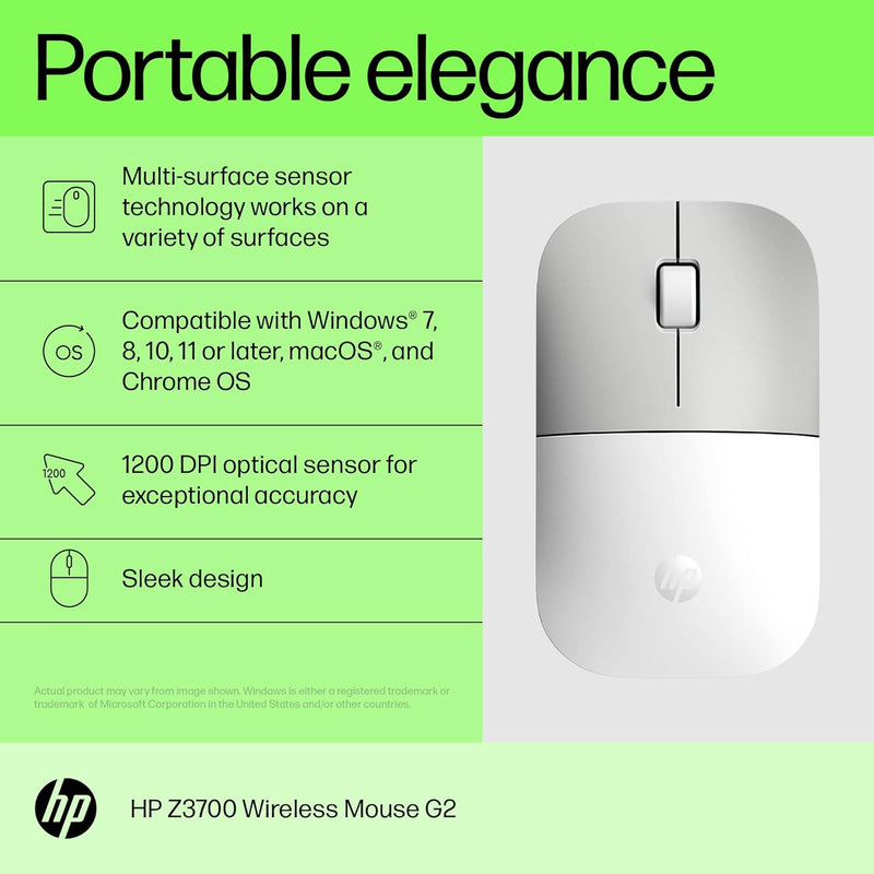 Z3700 G2 Wireless Mouse - White, Sleek Portable Design Fits Comfortably Anywhere, 2.4Ghz Wireless Receiver, Blue Optical Sensor, for Wins PC, Laptop, Notebook, Mac, Chromebook (681S1AA