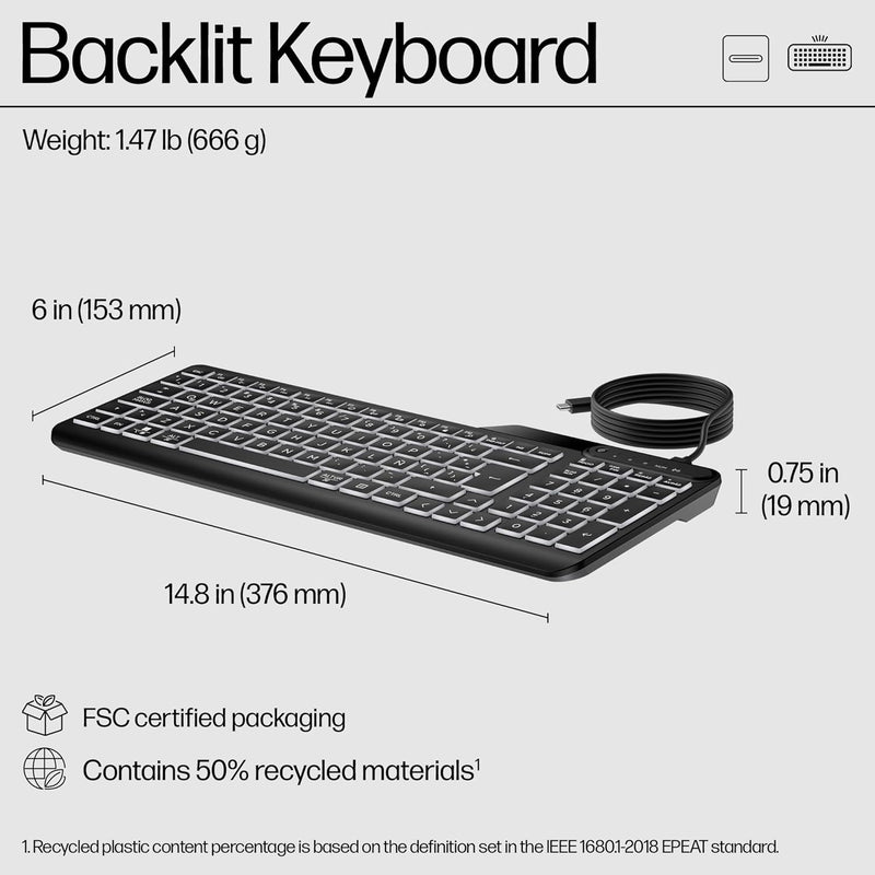 400 Backlit Wired Keyboard (Ash Wired) - Warm White LED Illuminated Keys W/ 3 Brightness Levels - Slim & Portable Design - 12 Programmable Keys - Spill-Resistant, Sanitizable