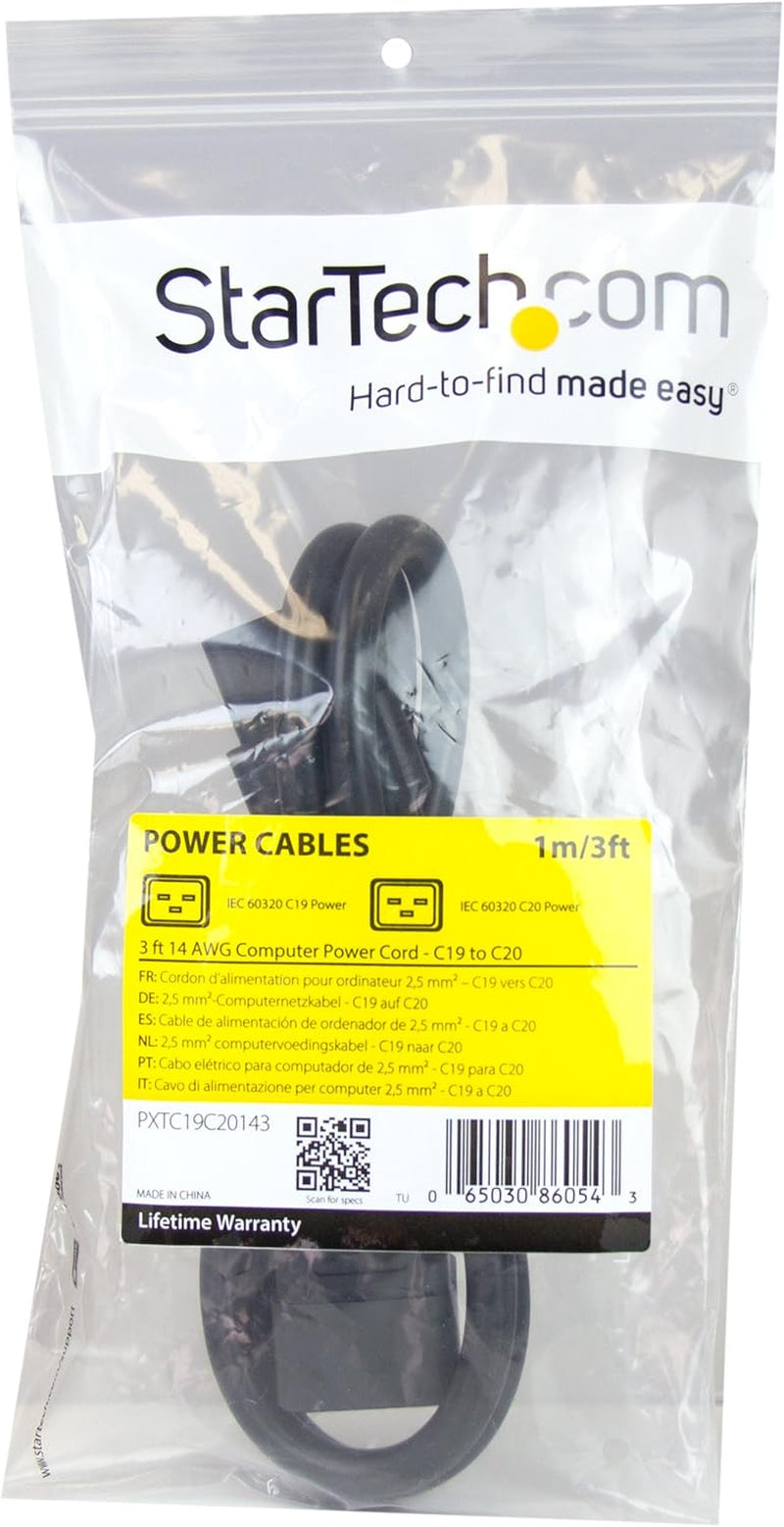 3 Ft Heavy Duty 14 AWG Computer Power Cord - C19 to C20 - 14 AWG Power Cable - IEC 320 C19 to IEC 320 C20 Extension Cord (PXTC19C20143)