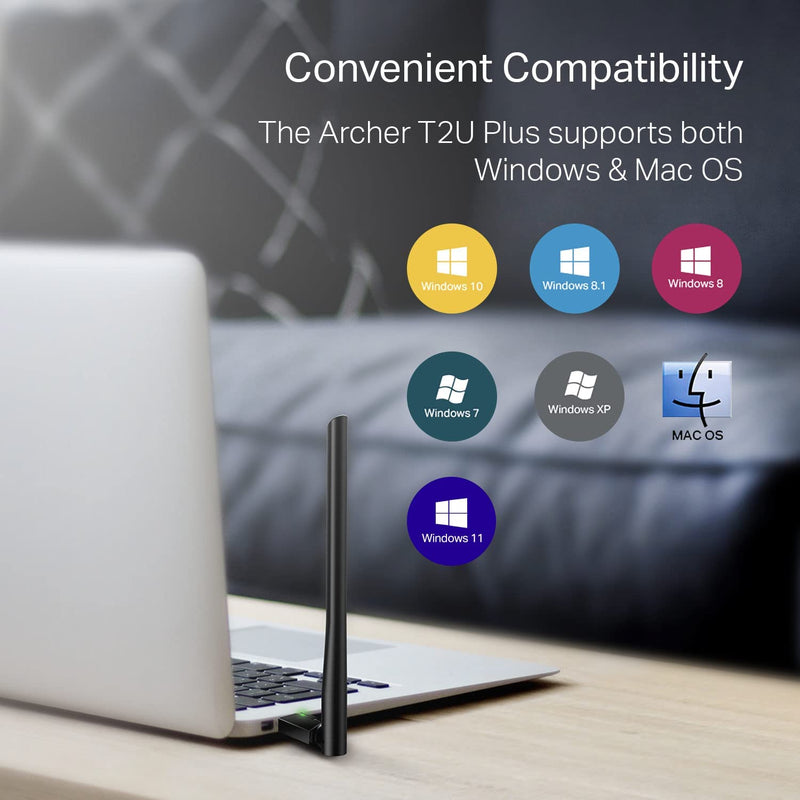 AC600 USB Wifi Adapter for PC (Archer T2U Plus)- Wireless Network Adapter for Desktop with 2.4Ghz, 5Ghz High Gain Dual Band 5Dbi Antenna, Supports Win11/10/8.1/8/7/Xp, Mac OS 10.9-10.14