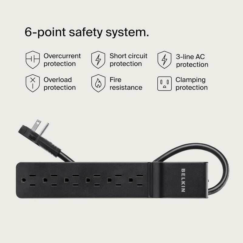 Surge Protector Power Strip with 6 AC Outlets, 6Ft/1.8M Long Heavy-Duty Extension Cord, & 360-Degree Rotating AC Plug for Conference Rooms, Computer Desktops, & More - 600 Joules of Protection