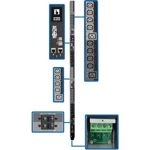 PDU conmutada trifásica de 220-240 V de 28,8 kW de Tripp Lite by Eaton, interfaz LX, Gigabit, 30 tomas de corriente, entrada de 380-415 V con cableado permanente, LCD, cable de 1,8 m, altura de 1,8 m, 0 U, TAA