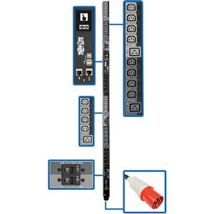 PDU conmutada trifásica de 220-240 V y 28,8 kW de Tripp Lite by Eaton, interfaz LX, Gigabit, 30 tomas de corriente, entrada IEC 309 de 63 A, color rojo, 380-415 V, LCD, cable de 1,8 m, altura de 0 U y 1,8 m, TAA