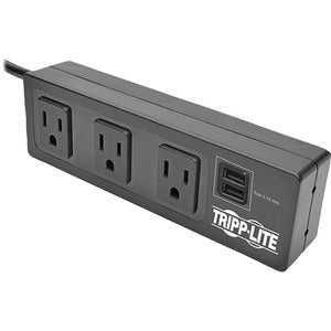 Protector contra sobretensiones de 3 tomas de corriente Protect It! de Tripp Lite de Eaton con abrazadera de escritorio, cable de 10 pies, 510 julios, 2 puertos de carga USB, carcasa negra