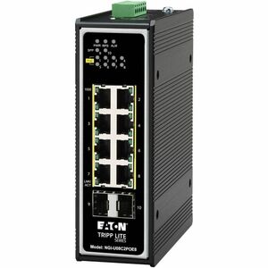 Conmutador Gigabit Ethernet industrial no administrado de 8 puertos Eaton Tripp Lite Series - 10/100/1000 Mbps, PoE+ 30 W, 2 ranuras SFP GbE, -40 °C a 75 °C, montaje DIN, TAA