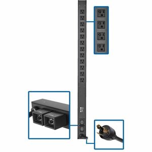 PDU básica monofásica de 120 V y 2,9 kW de la serie Eaton Tripp Lite: 12 tomacorrientes NEMA 5-15/20R, entrada L5-30P, cable de 3 m, montaje en rack de 0 U de 91 cm