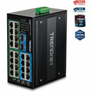 TRENDnet 26-Port Hardened Industrial Unmanaged Gigabit DIN-Rail Switch, TI-PG262, 16 x Gigabit PoE+ Ports, 8 x Gigabit RJ-45 Ports, 2 x SFP Ports, IP30, Lifetime Protection, Black - PEGASUSS 