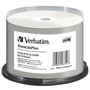 Verbatim DVD+R DL 8.5GB 8X DataLifePlus White Thermal Printable, Hub Printable - 50pk Spindle - PEGASUSS 