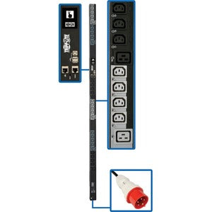 Tripp Lite von Eaton, 11,5 kW, 208 – 240 V, 3-phasig, geschaltete PDU – LX-Schnittstelle, Gigabit, 30 Steckdosen, IEC 309 16/20 A, rot, 360 – 415 V Eingang, Steckdosenüberwachung, LCD, 1,8 m Kabel, 0 HE, 1,8 m Höhe, TAA