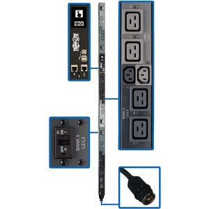 Tripp Lite von Eaton, 14,4 kW, 208 V, 3-phasig, überwachte PDU pro Steckdose – LX-Schnittstelle, Gigabit, 18 Steckdosen, 50 A CS8365C-Eingang, LCD, 1,8 m Kabel, 0 HE, 1,8 m Höhe, TAA