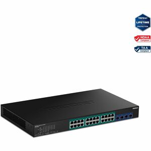 TRENDnet 28-Port Gigabit Web Smart PoE+ Switch mit 24 Gigabit PoE+ Ports; TPE-30284; 4 x 10G SFP+ Steckplätze; 370 W PoE Leistung; VLAN; QoS; LACP; IPv4/IPv6 Statisches Routing