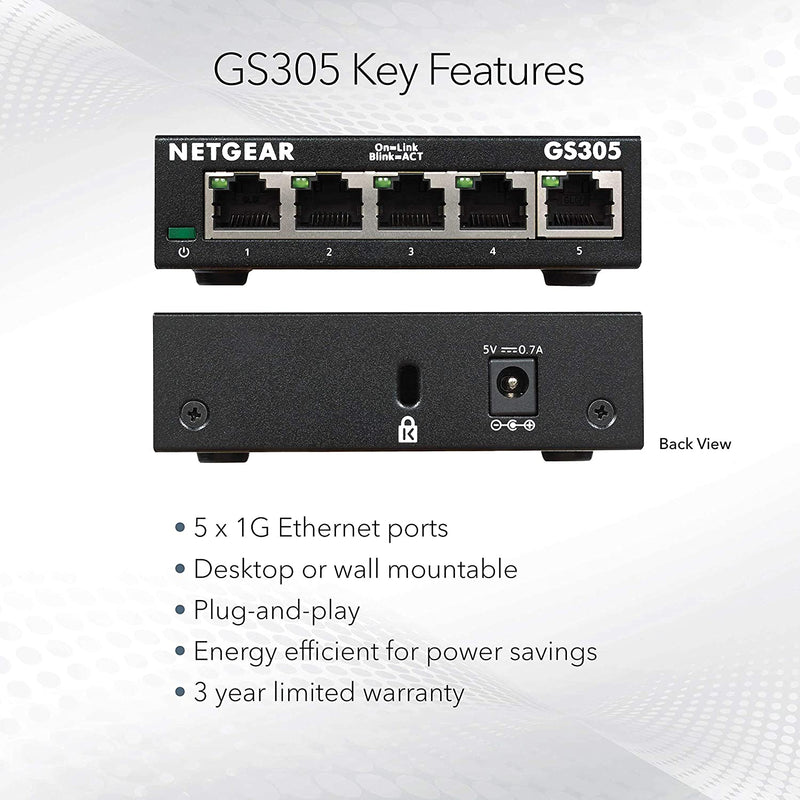 5-Port Gigabit Ethernet Unmanaged Switch (GS305) - Home Network Hub, Office Ethernet Splitter, Plug-And-Play, Silent Operation, Desktop or Wall Mount