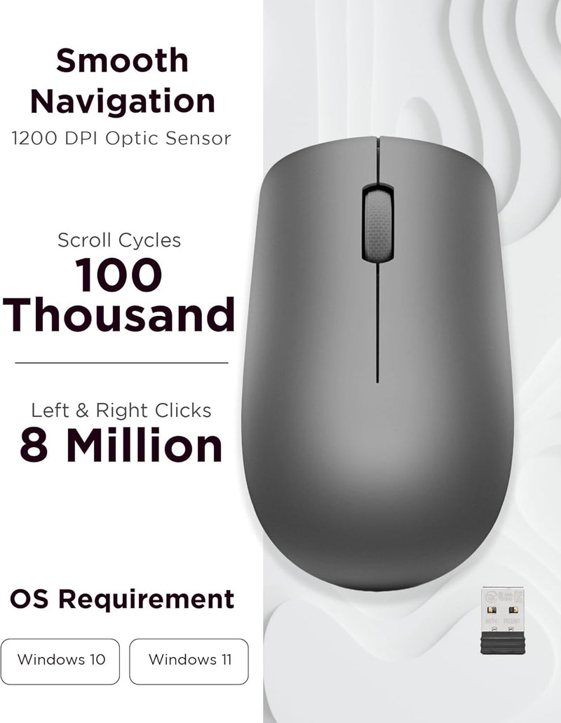 530 Full Size Wireless Computer Mouse for PC, Laptop, Computer with Windows - 2.4 Ghz Nano USB Receiver - Ambidextrous Design - 12 Months Battery Life - Graphite Grey