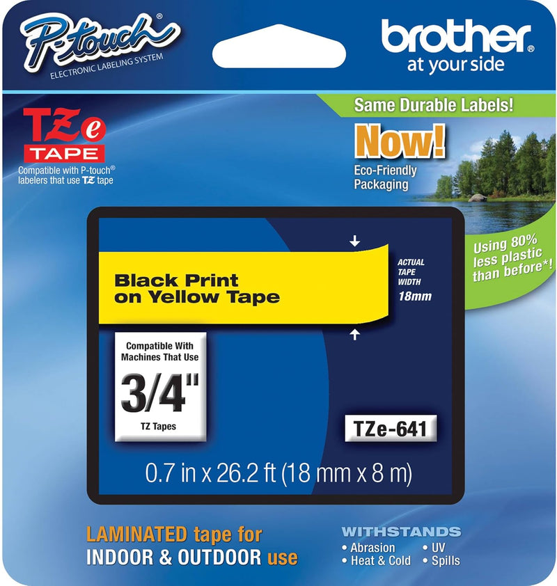 Genuine P-Touch TZE-641 Tape, 3/4" (0.7") Wide Standard Laminated Tape, Black on Yellow, Laminated for Indoor or Outdoor Use, Water-Resistant, 0.7" X 26.2' (18Mm X 8M), Single-Pack, TZE641