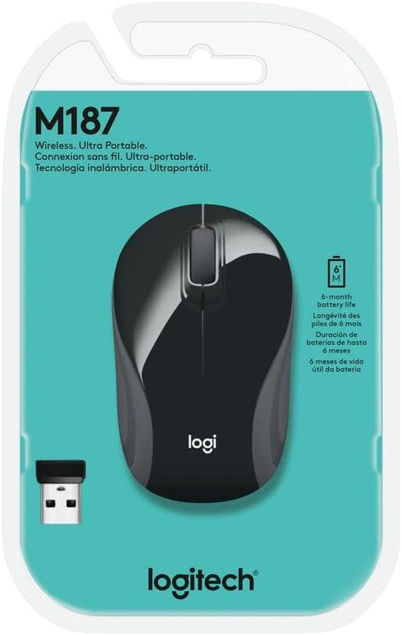 Wireless Mini Mouse M187 Ultra Portable, 2.4 Ghz with USB Receiver, 1000 DPI Optical Tracking, 3-Buttons, PC / Mac / Laptop - Black