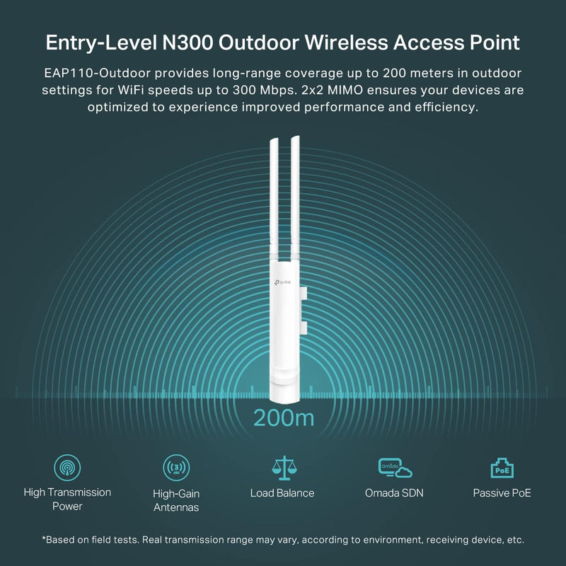 Tp-Link Eap110-Outdoor V3 | Omada N300 Wireless Outdoor Access Point | Wifi Coverage up to 200 Meters| Passive Poe W/ Free Poe Injector | SDN Integrated | Cloud Access & Omada App