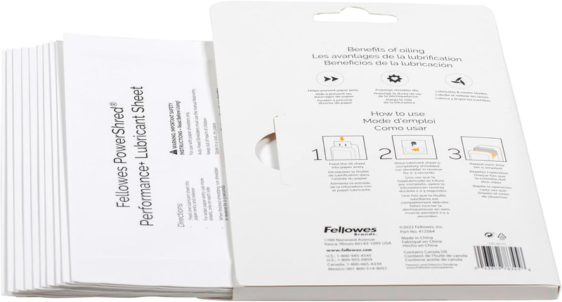 Fellowes Powershred Performance Paper Shredder Lubricant Sheets with Paper Shredder Oil Lubricant for Cross-Cut and Micro-Cut Paper Shredders, 6 X 8.50 X 0.031 Inch, 10-Pack