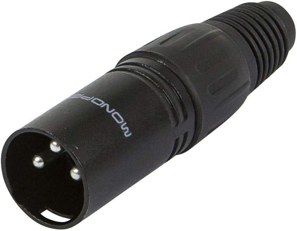 3-Pin Male DMX Connector - Black, Anodized Aluminum with Plastic Cap and Rubber Strain Relief Boot