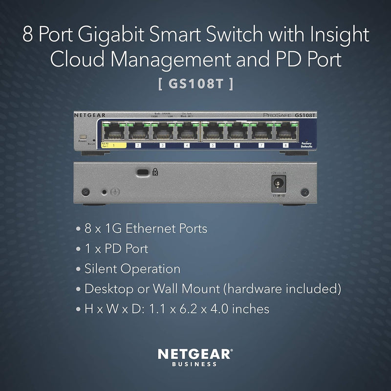 8-Port Gigabit Ethernet Smart Switch (GS108T) - Managed, with 1 X PD Port, Optional Insight Cloud Management, Desktop or Wall Mount, Silent Operation, and Limited Lifetime Protection,Black 8 Port | Lifetime