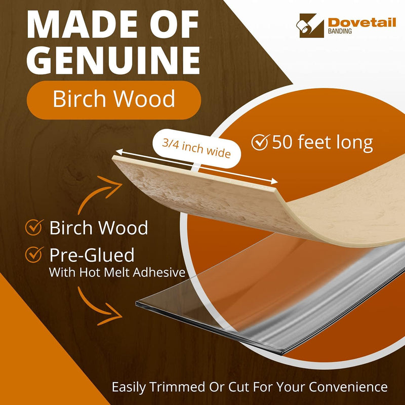 Dovetail Birch Edge Banding Wood Veneer Tape 50Ft 3/4 Inch Wide | Pre-Glued, Long Thin Real Wood Veneer Strips | Iron-On Wood Veneer Edging