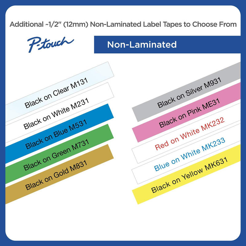 Genuine P-Touch M-2312PK Tape, 2 Pack, 1/2" (0.47") Wide Standard Non-Laminated Tape, Black on White, Recommended for Home and Indoor Use, 0.47" X 26.2' (12Mm X 8M), 2-Pack, M2312PK, M231