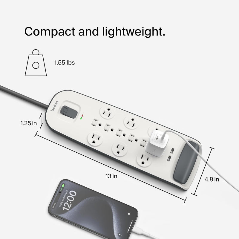 USB Power Strip Surge Protector - 12 AC Multiple Outlets & 2 USB Ports - 6 Ft Long Flat Plug Extension Cord for Home, Office, Travel, Computer Desktop & Charging Brick - White (3,996 Joules)