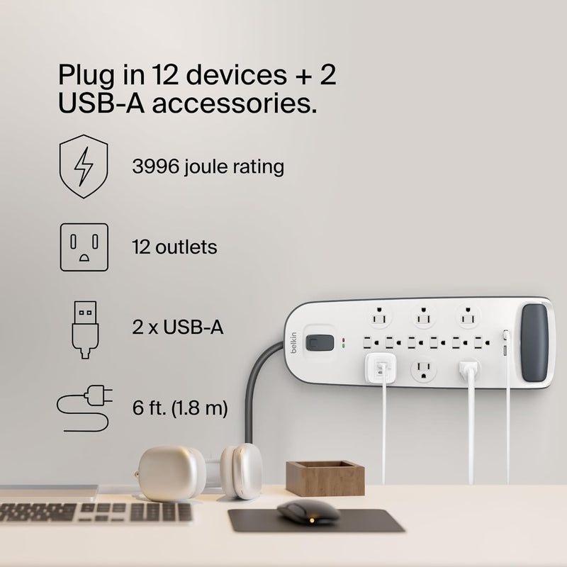 USB Power Strip Surge Protector - 12 AC Multiple Outlets & 2 USB Ports - 6 Ft Long Flat Plug Extension Cord for Home, Office, Travel, Computer Desktop & Charging Brick - White (3,996 Joules)