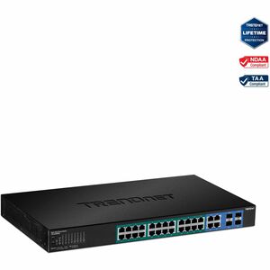 TRENDnet 28-Port Web Smart PoE+ Switch; 24 x Gigabit PoE+ Ports; 4 x Shared Gigabit Ports (RJ-45 or SFP); VLAN; QoS; LACP; IPv6 Support; 370W PoE Power Budget; Lifetime Protection; TPE-5028WS