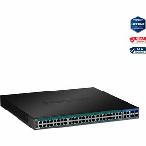 TRENDnet 52-Port Gigabit Web Smart PoE+ Switch, 48 Gigabit PoE+ Ports, 4 Shared Gigabit Ports (RJ-45 Or SFP), 370W PoE Power Budget, 104Gbps Switching Capacity, Lifetime Protection, Black, TPE-5240WS