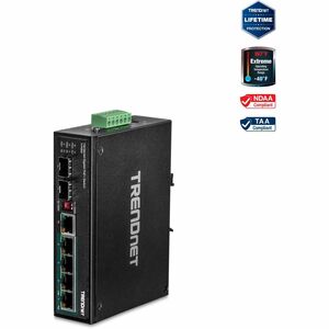 TRENDnet 6-Port Hardened Industrial Gigabit PoE+ DIN-Rail Switch, 4 x Gigabit PoE+ Ports, Shared Gigabit Port (RJ-45/SFP), Dedicated SFP, 120W Power Budget, IP30, Lifetime Protection, Black, TI-PG62 - PEGASUSS 