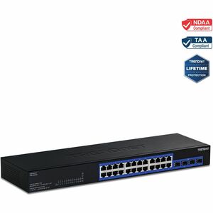 TRENDnet 28-Port Gigabit Switch with 4 x 10G SFP+ Ports, TEG-30262, 24 x Gigabit Ports, 4 x 10G SFP+ Ports, 128Gbps, 1U Rack Mountable, NDAA TAA Compliant, Lifetime Protection, Black