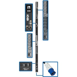 Tripp Lite by Eaton 14.5kW 200-240V 3PH Switched PDU - LX Interface, Gigabit, 30 Outlets, IEC 309 60A Blue Input, LCD, 1.8 m Cord, 0U 1.8 m Height, TAA - PEGASUSS 
