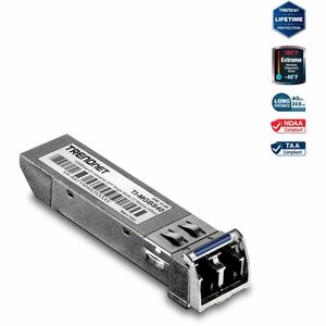 TRENDnet SFP to RJ45 Industrial Single-Mode LC Module; TI-MGBS40; Up to 2 km (1.2 miles); 1000Base-EX Industrial SFP; IEEE 802.3z Gigabit Ethernet; Data Rates of up to 1.25Gbps; Lifetime Protection