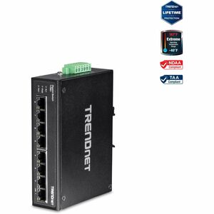 TRENDnet 8-Port Hardened Industrial Gigabit DIN-Rail Switch, TI-G80, 16 Gbps Switching Capacity, IP30 Rated, Ethernet Splitter, NDAA & TAA Compliant, Lifetime Protection, Black - PEGASUSS 