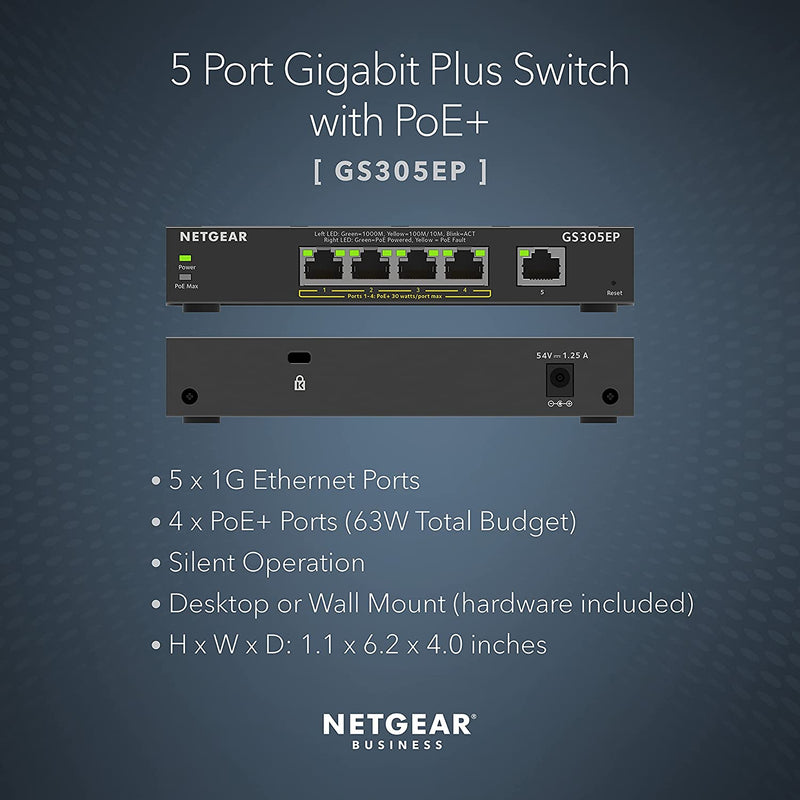 5 Port Poe Gigabit Ethernet plus Switch (GS305EP) - with 4 X Poe+ @ 63W, Desktop or Wall Mount 5 Port | 4Xpoe+ 63W