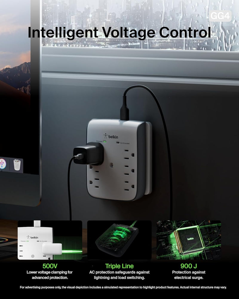 6-Outlet Wall Surge Protector W/ 2 USB-A Ports, Wall-Mountable Surge Protector for Home, Office, Travel, Computer Desktop, Laptop, Phone Charger, & More - 900 Joules of Protection