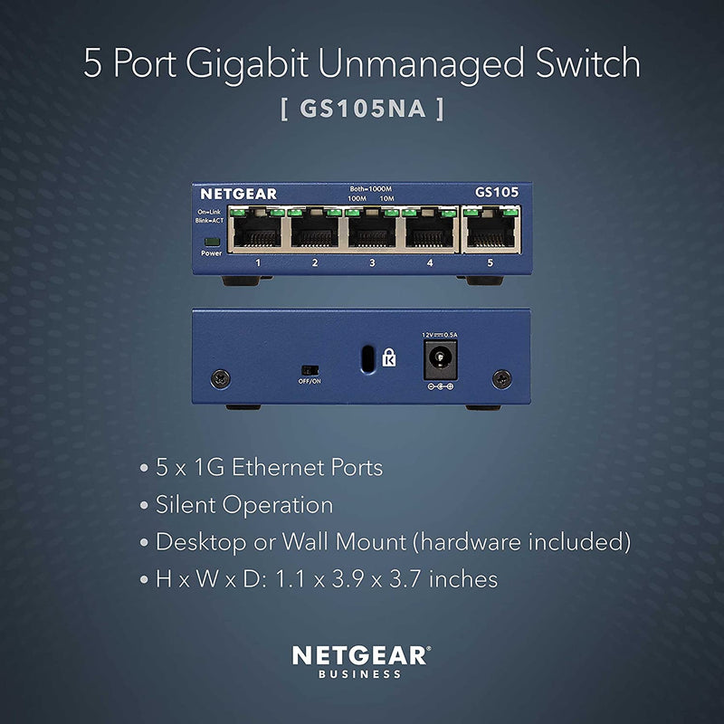 5-Port Gigabit Ethernet Unmanaged Switch (GS105NA) - Desktop or Wall Mount, and Limited Lifetime Protection Gray