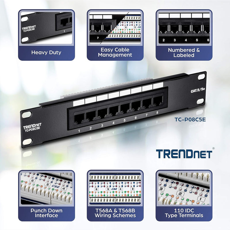 Trendnet 8 Port Cat5/5E Unshielded Patch Panel,Tc-P08C5E,Wallmount or Rackmount,10 Inch Wide, 8 X Gigabit RJ-45 Ethernet Ports,100 Mhz Connection, Color Coded Labeling,110 IDC Terminal Blocks,Black