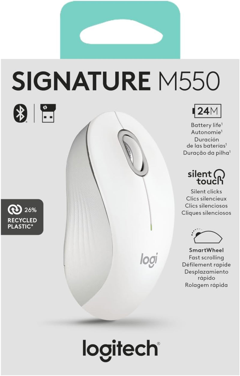 Signature M550 Wireless Mouse - for Small to Medium Sized Hands, 2-Year Battery, Silent Clicks, Customizable Side Buttons, Bluetooth, Multi-Device Compatibility - off White