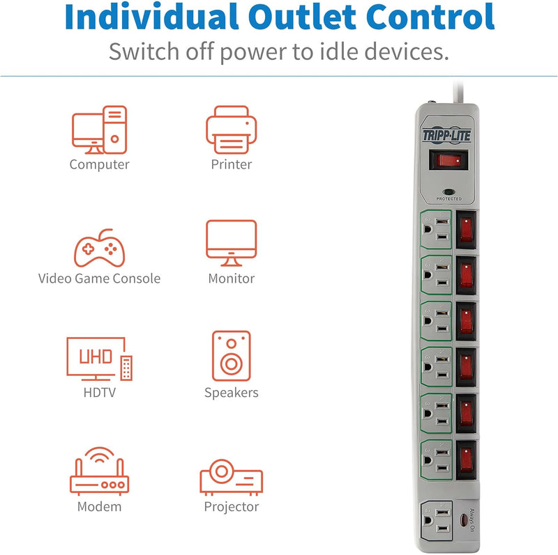 TLP76MSG 7 Outlet (6 Individually Controlled) Surge Protector Power Strip, 6Ft Cord, Lifetime Limited Warranty & Dollar 25K Insurance, Grey