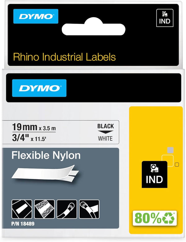 Rhino Industrial Flexible Nylon Labels, 3/4" X 11.5', Black Print on White Tape