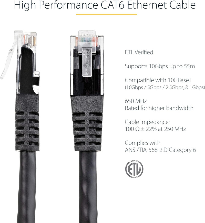 100Ft CAT6 Ethernet Cable - Black CAT 6 Gigabit Ethernet Wire -650Mhz 100W Poe++ RJ45 UTP Molded Category 6 Network/Patch Cord W/Strain Relief/Fluke Tested UL/TIA Certified (C6PATCH100BK)