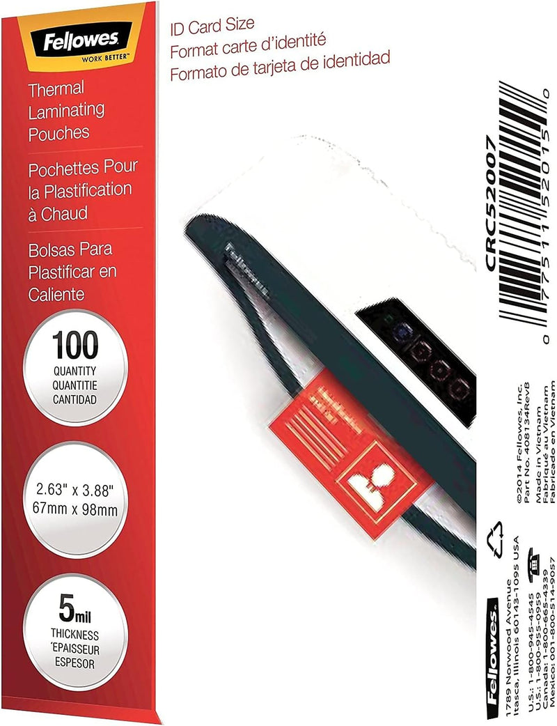 Fellowes Hot Laminating Pouches, ID Tag, Not Punched, 5 Mil, 100 Pack (52015)